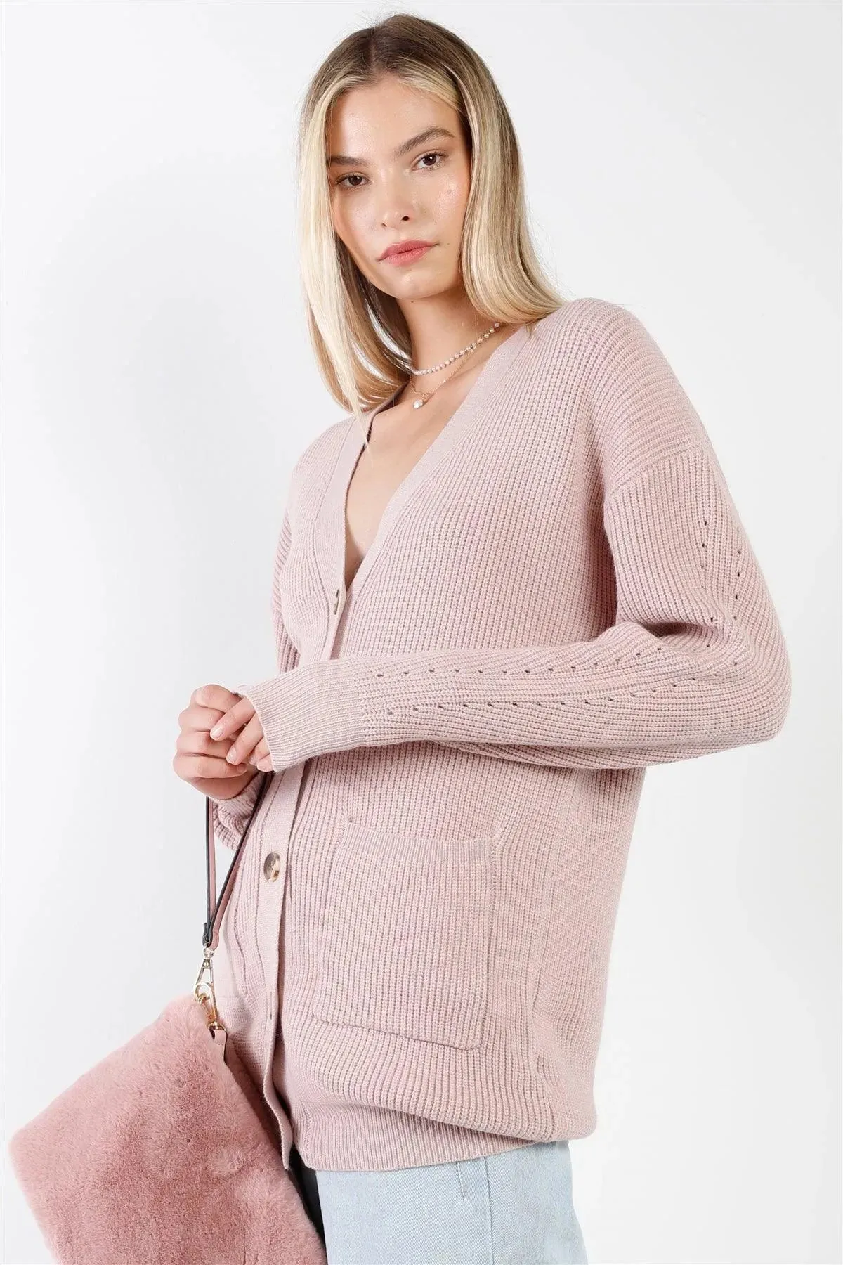 Mauve Knit Oversized V-Neck Long Sleeve Front Pockets Buttoned Front Long Cardigan /3-2-1