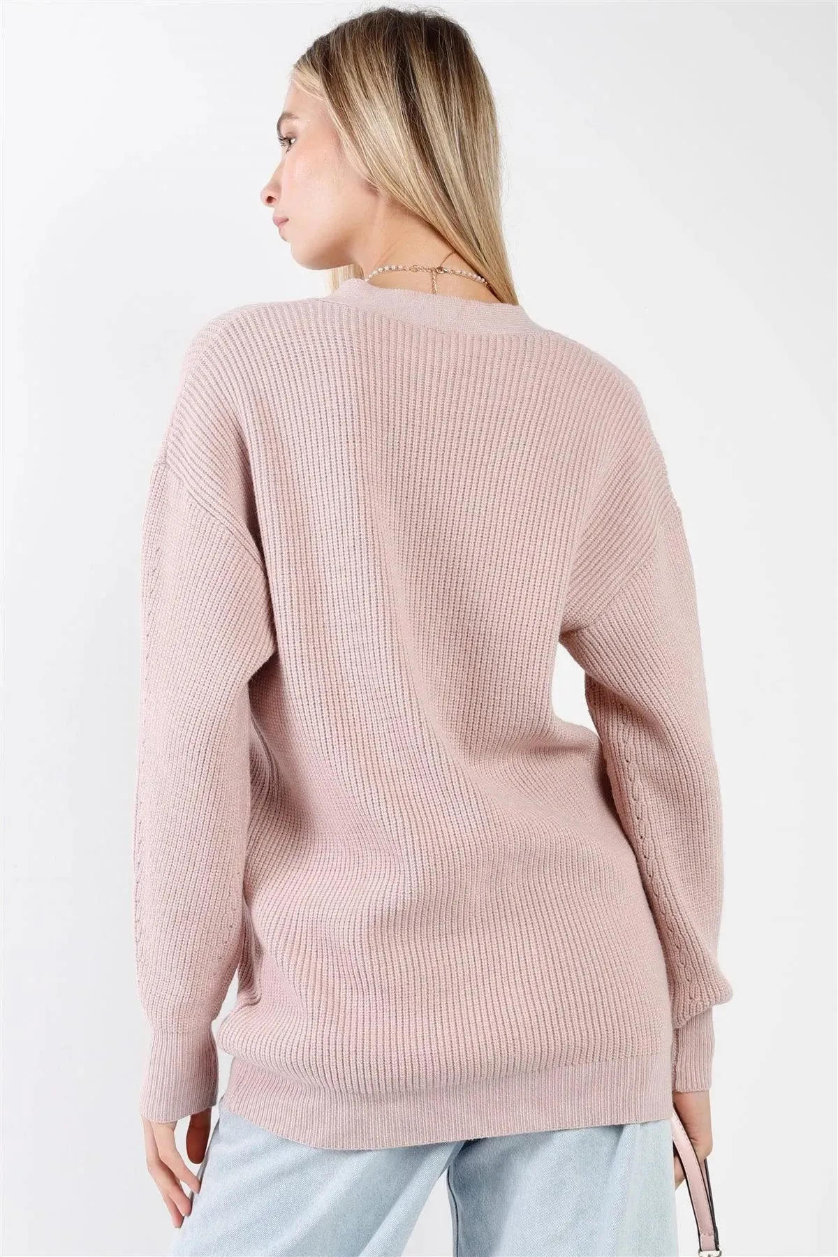 Mauve Knit Oversized V-Neck Long Sleeve Front Pockets Buttoned Front Long Cardigan /3-2-1