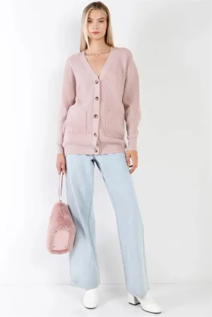 Mauve Knit Oversized V-Neck Long Sleeve Front Pockets Buttoned Front Long Cardigan /3-2-1