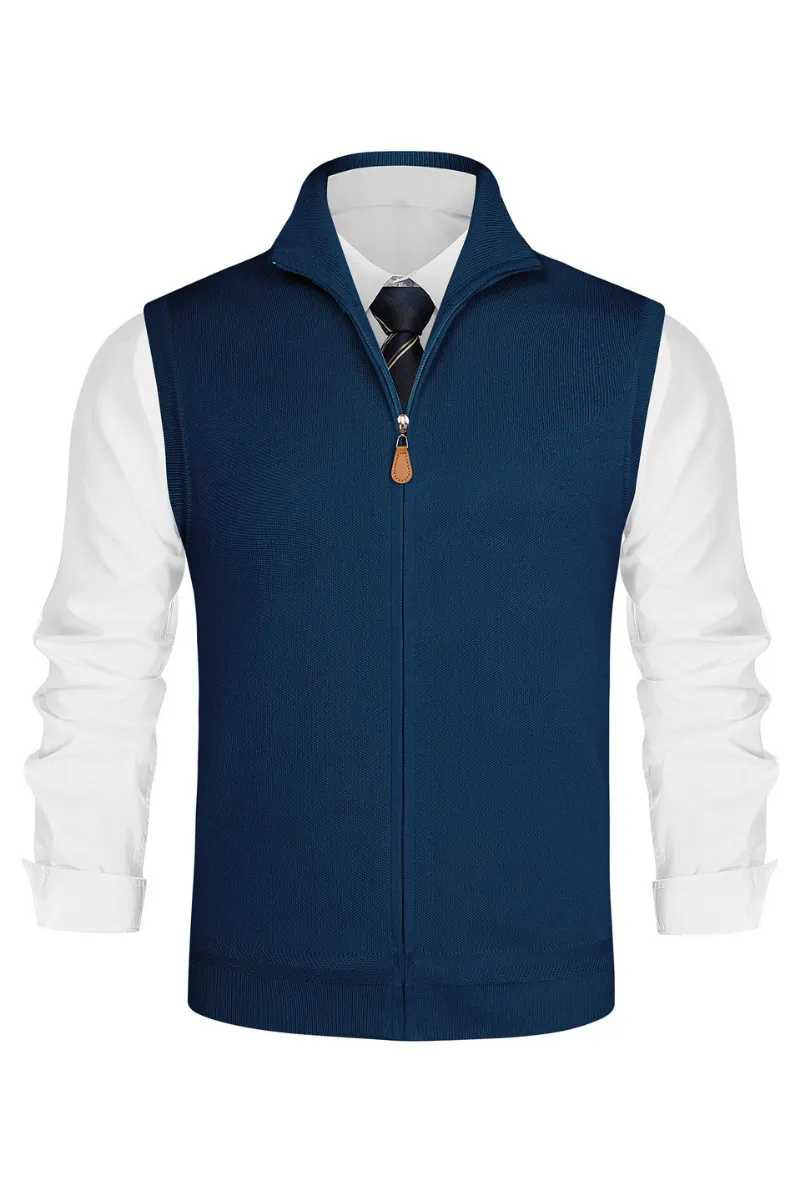 Men Stand Collar Sweater Vest Zip-up Ribbed Cuff Sleeveless Sweater