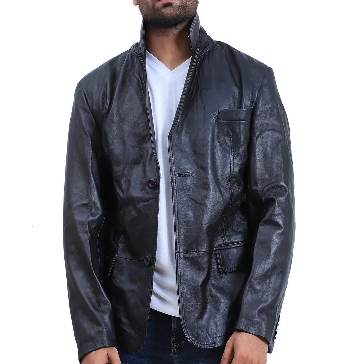 Men's 2 Button Black Leather Coat