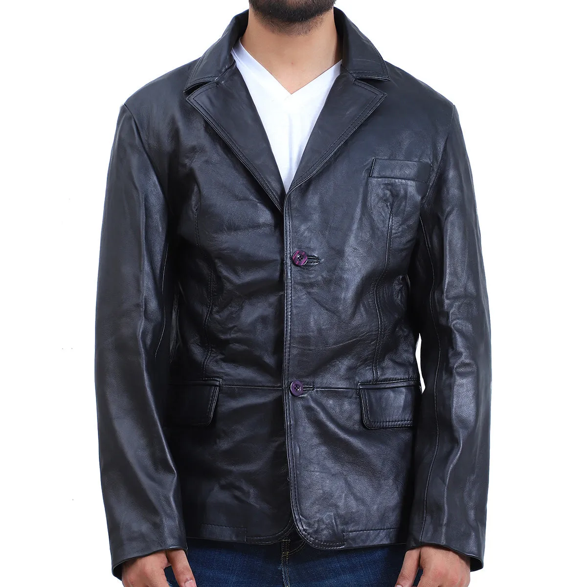 Men's 2 Button Black Leather Coat