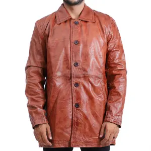 Men's 5 Button Brown Leather Coat