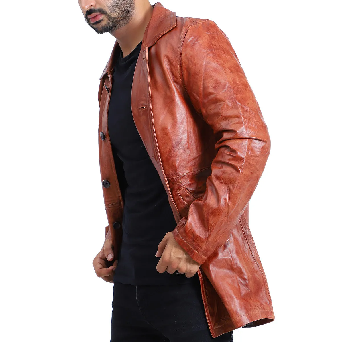 Men's 5 Button Brown Leather Coat