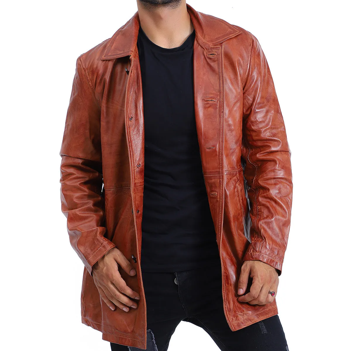 Men's 5 Button Brown Leather Coat