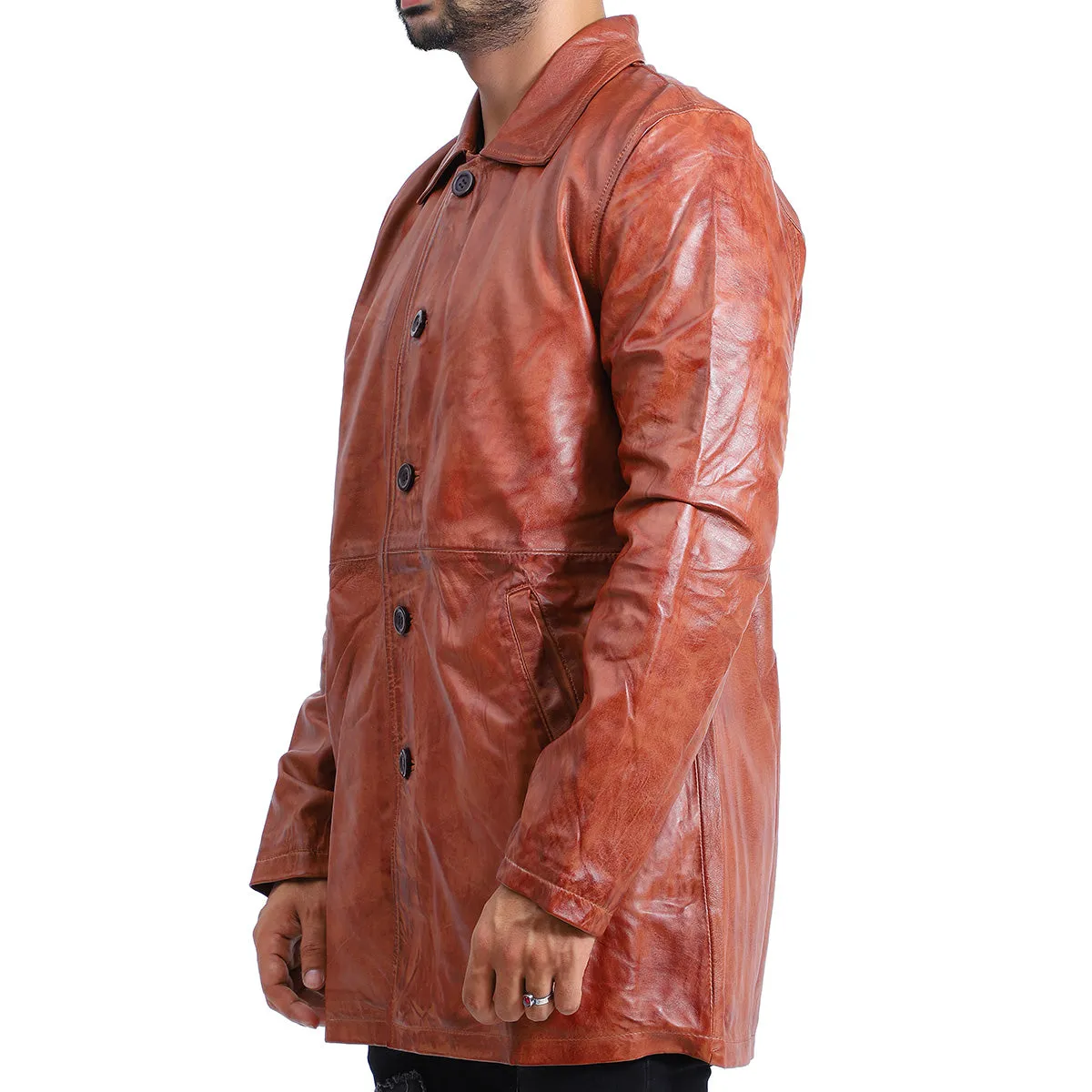 Men's 5 Button Brown Leather Coat