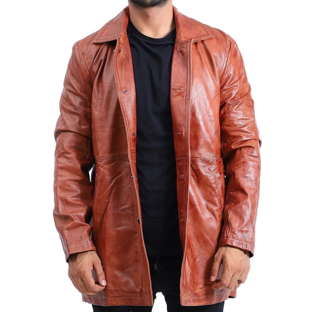 Men's 5 Button Brown Leather Coat