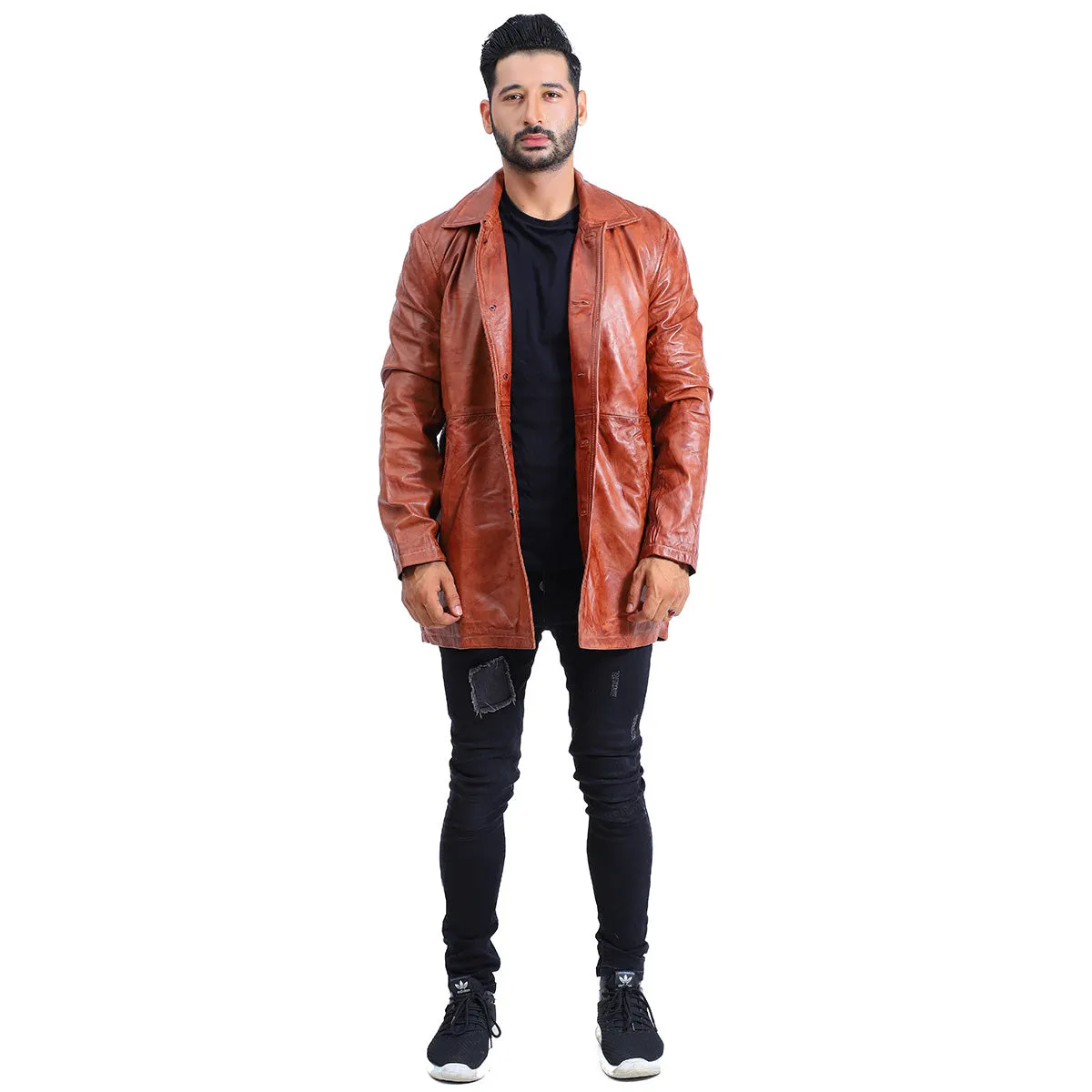 Men's 5 Button Brown Leather Coat