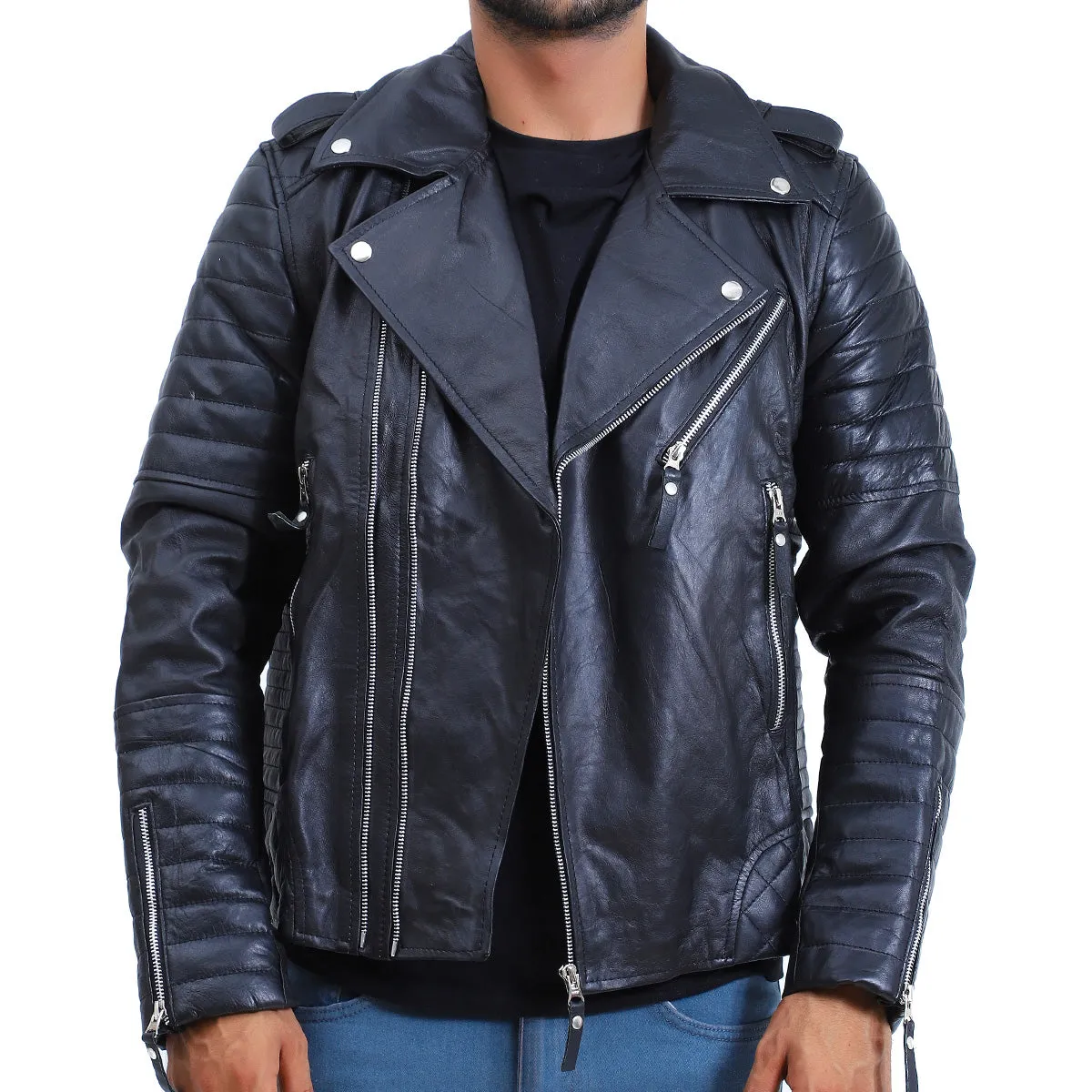 Men's Biker Quilted Lambskin Black Leather Jacket