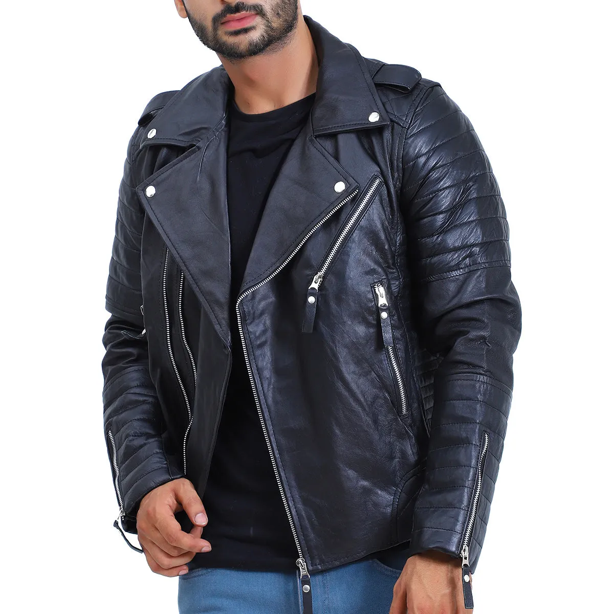 Men's Biker Quilted Lambskin Black Leather Jacket