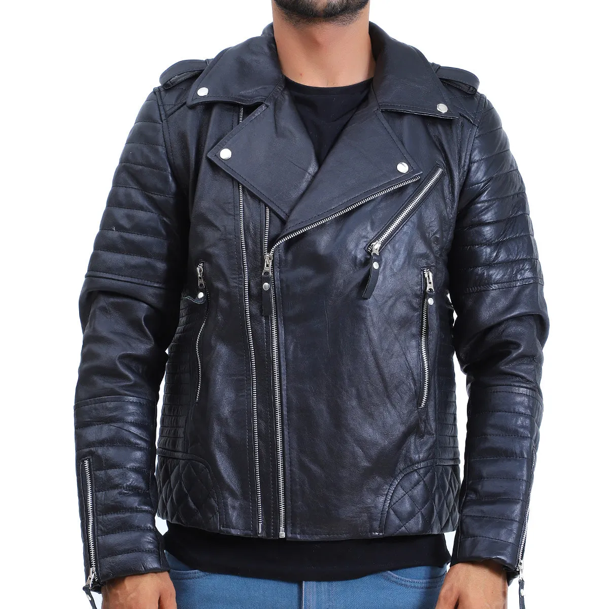 Men's Biker Quilted Lambskin Black Leather Jacket