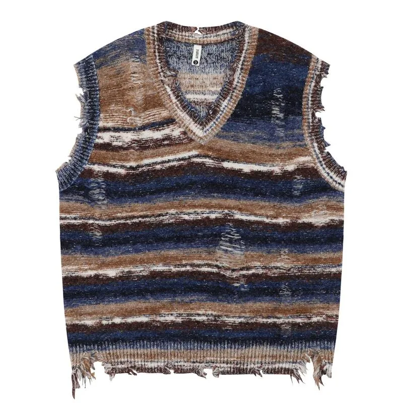 Men's Contrast Color V-Neck Striped Sleeveless Knitted Vest 89407121U