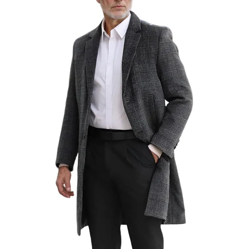 Men's Mid-length Lapel Plaid Woolen Coat 60778233F