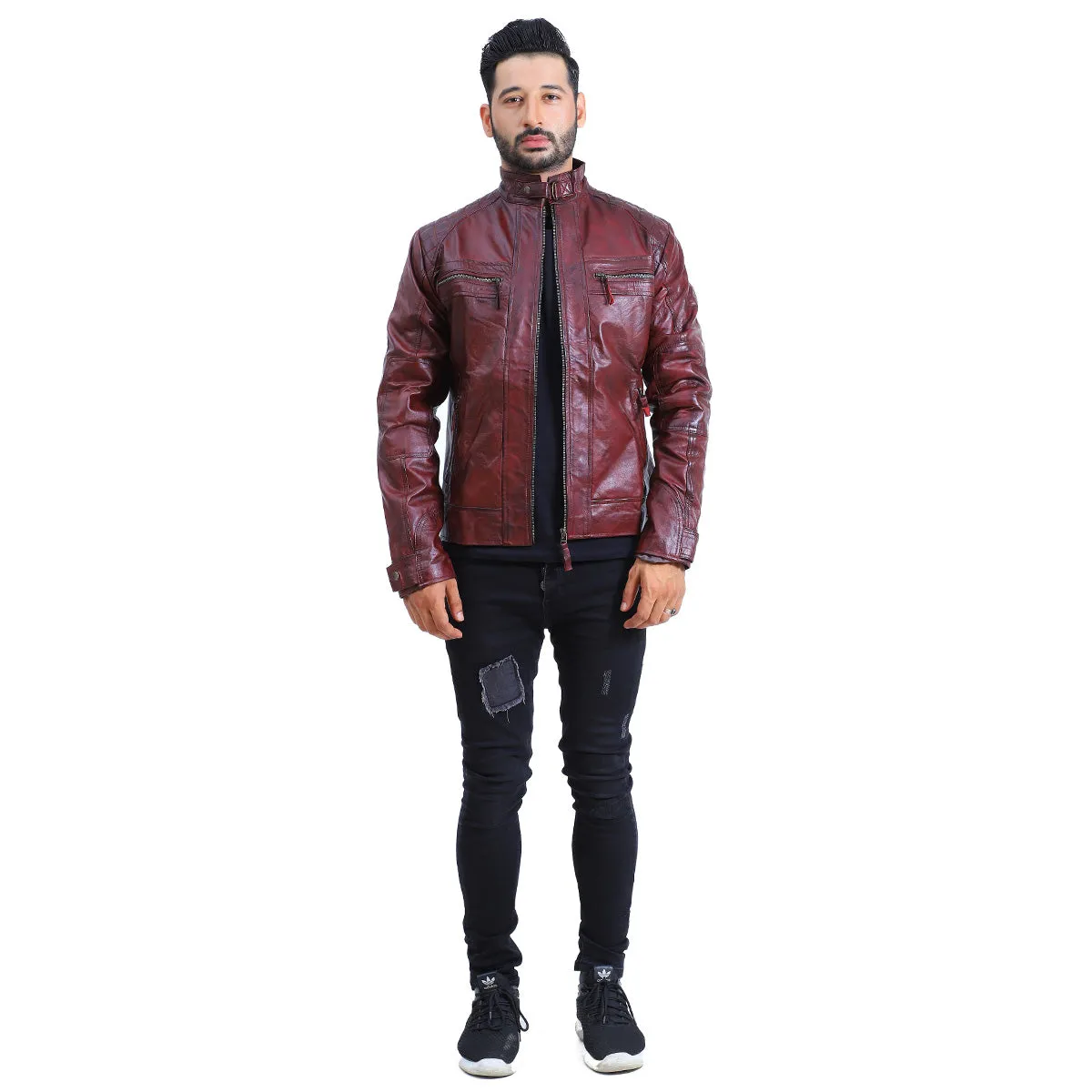 Men's Quilted Maroon Cafe Racer Leather Jacket