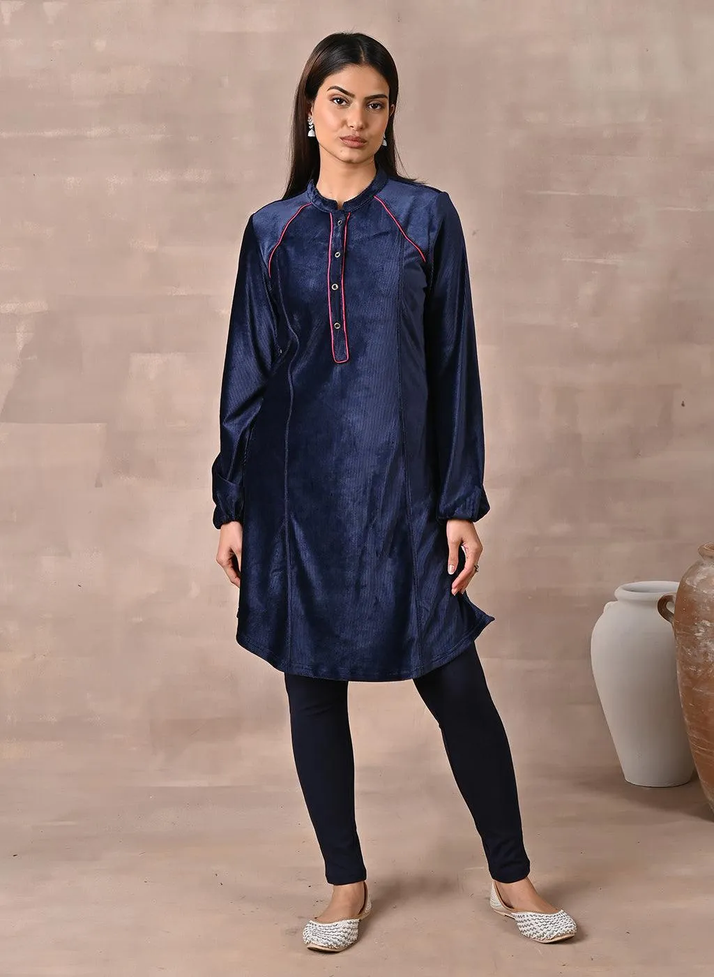 Navy Blue Princess Cut Solid Kurta with Gathered Sleeves