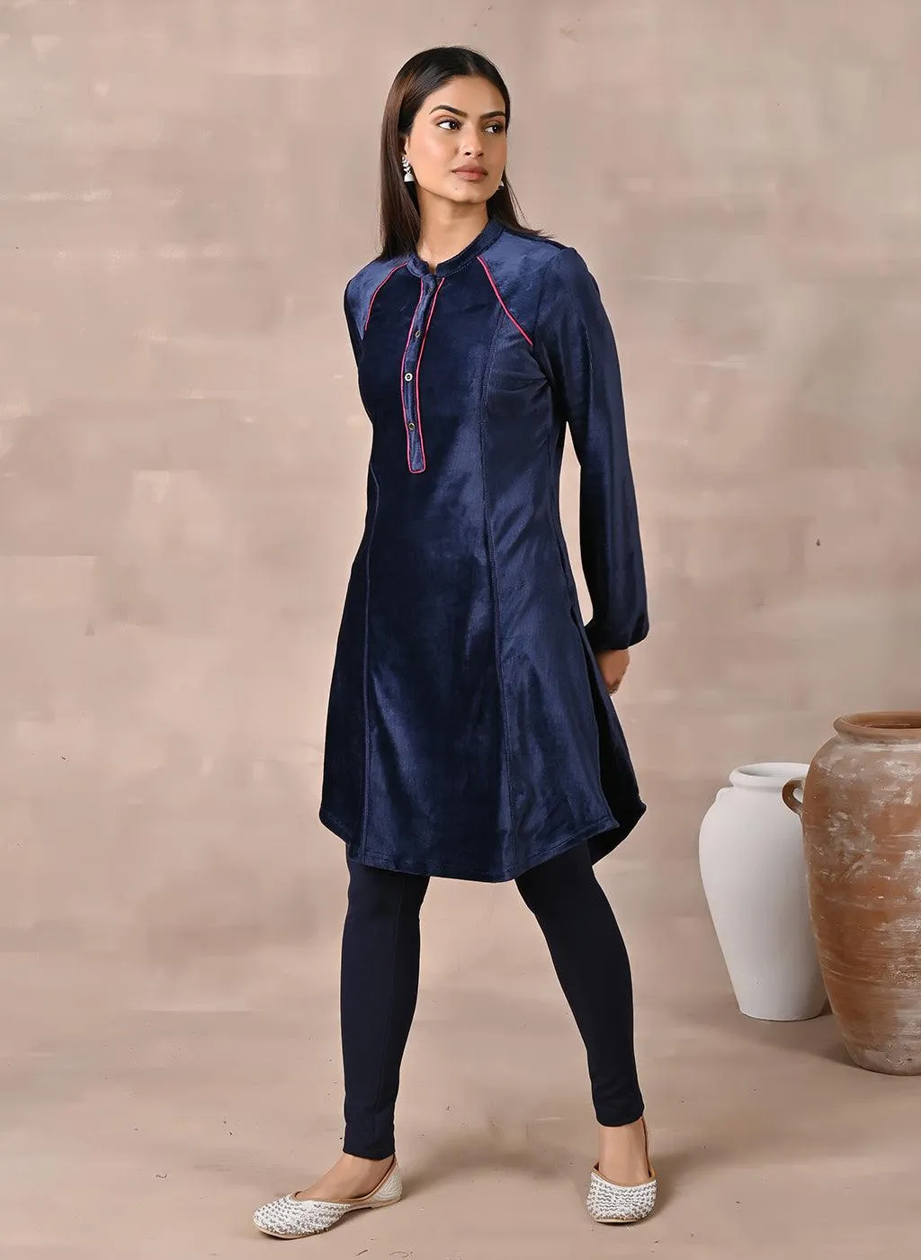 Navy Blue Princess Cut Solid Kurta with Gathered Sleeves