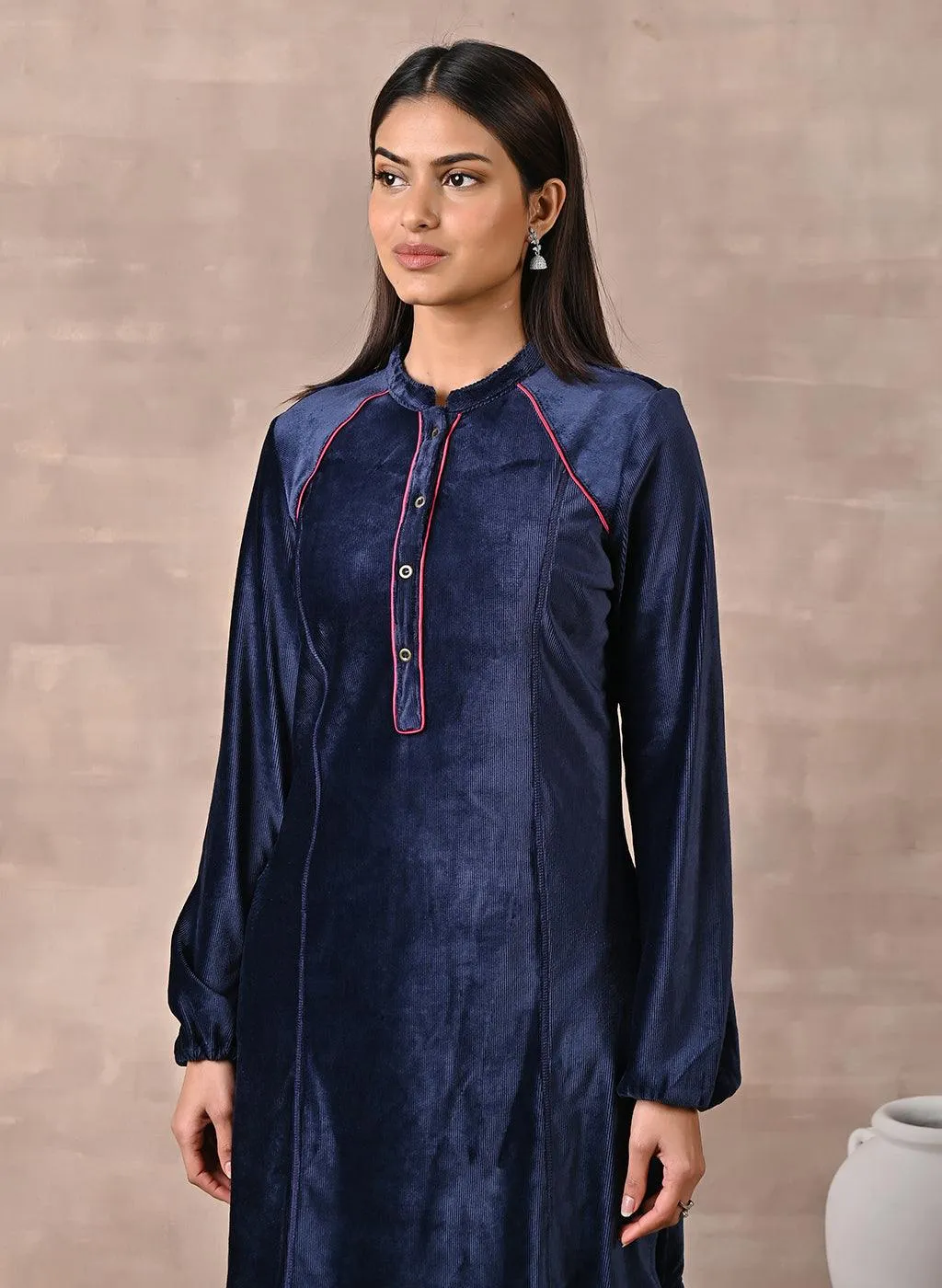 Navy Blue Princess Cut Solid Kurta with Gathered Sleeves