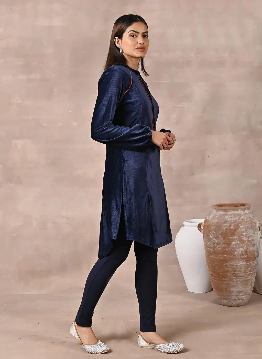 Navy Blue Princess Cut Solid Kurta with Gathered Sleeves