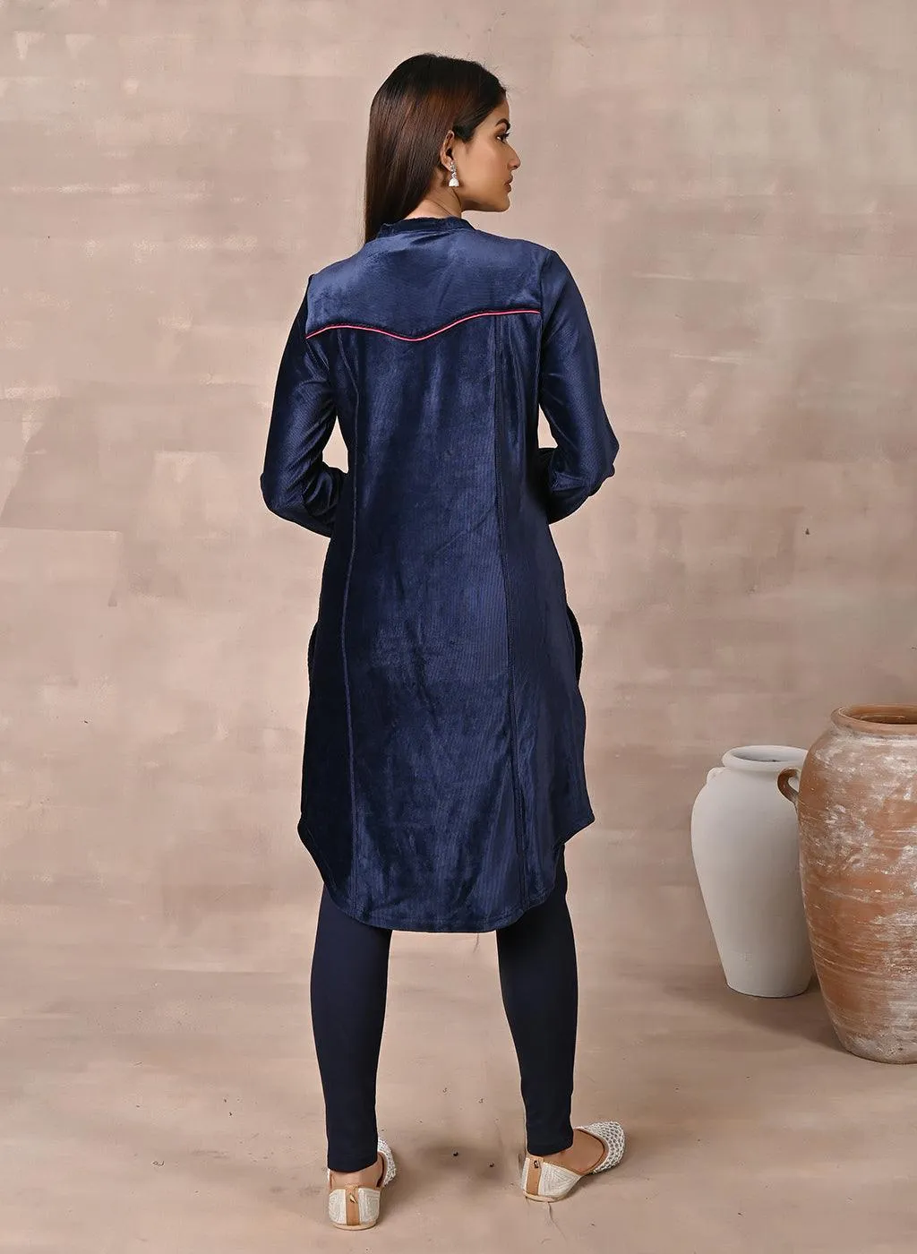 Navy Blue Princess Cut Solid Kurta with Gathered Sleeves