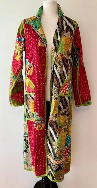 New Vintage Kantha Quilted Reversible Trench Coat, Green Multi