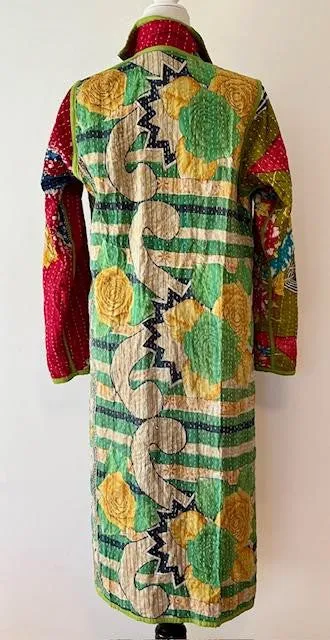 New Vintage Kantha Quilted Reversible Trench Coat, Green Multi