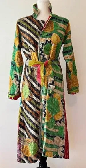 New Vintage Kantha Quilted Reversible Trench Coat, Green Multi