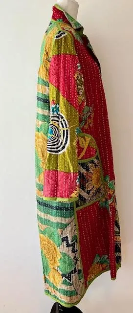 New Vintage Kantha Quilted Reversible Trench Coat, Green Multi