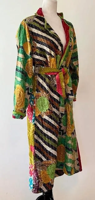 New Vintage Kantha Quilted Reversible Trench Coat, Green Multi