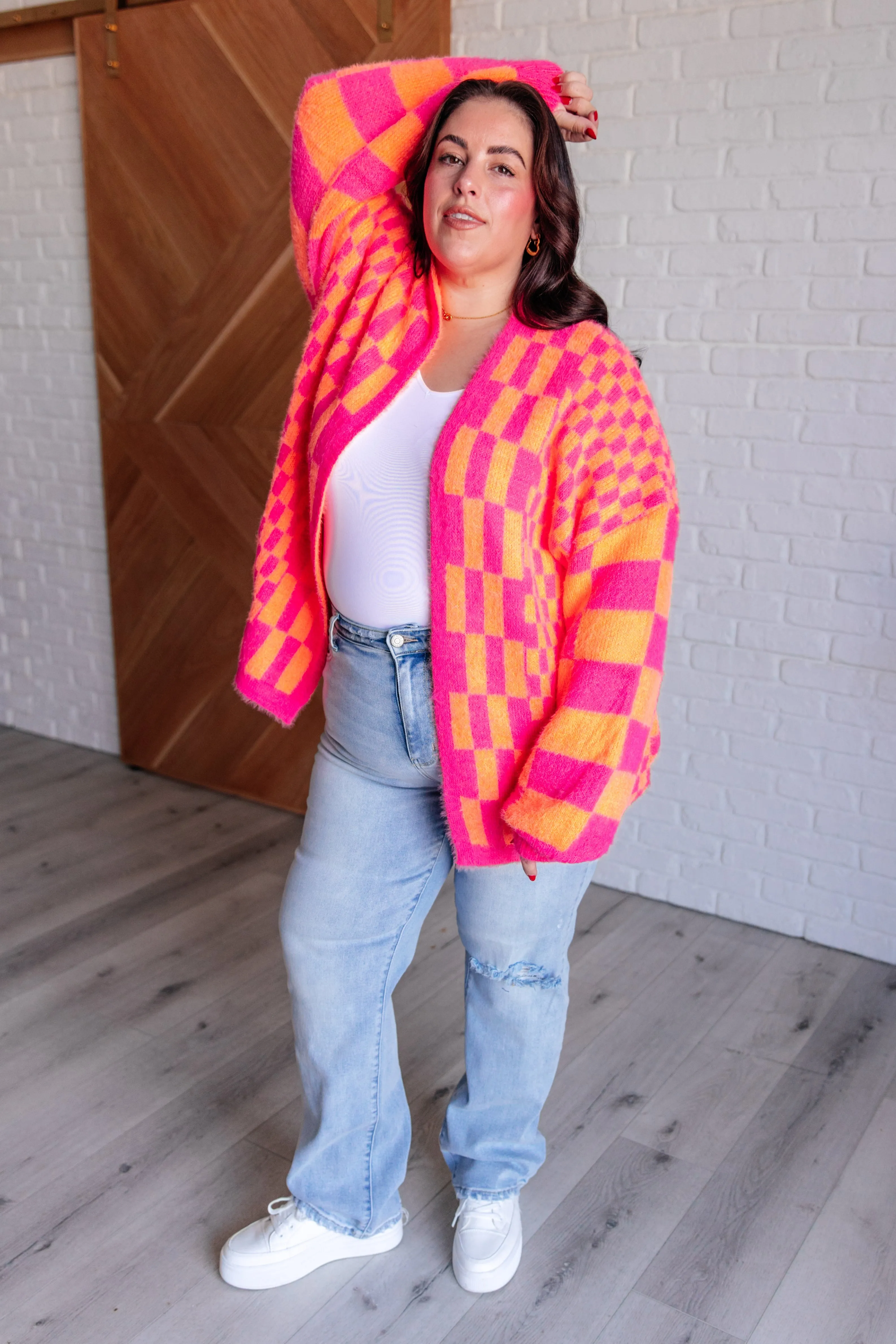 Noticed in Neon Checkered Cardigan in Pink and Orange - 10/21