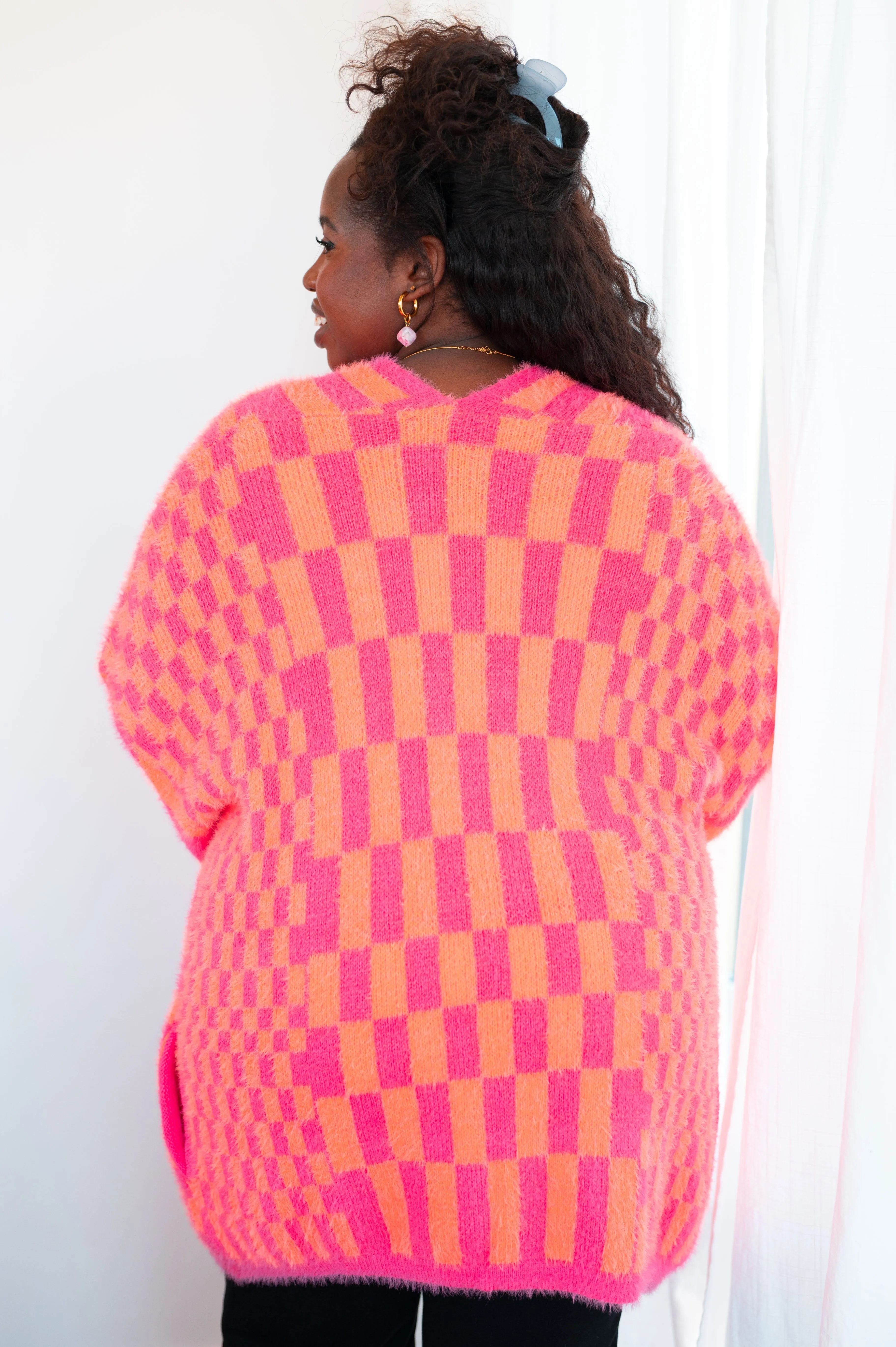 Noticed in Neon Checkered Cardigan in Pink and Orange - 10/21