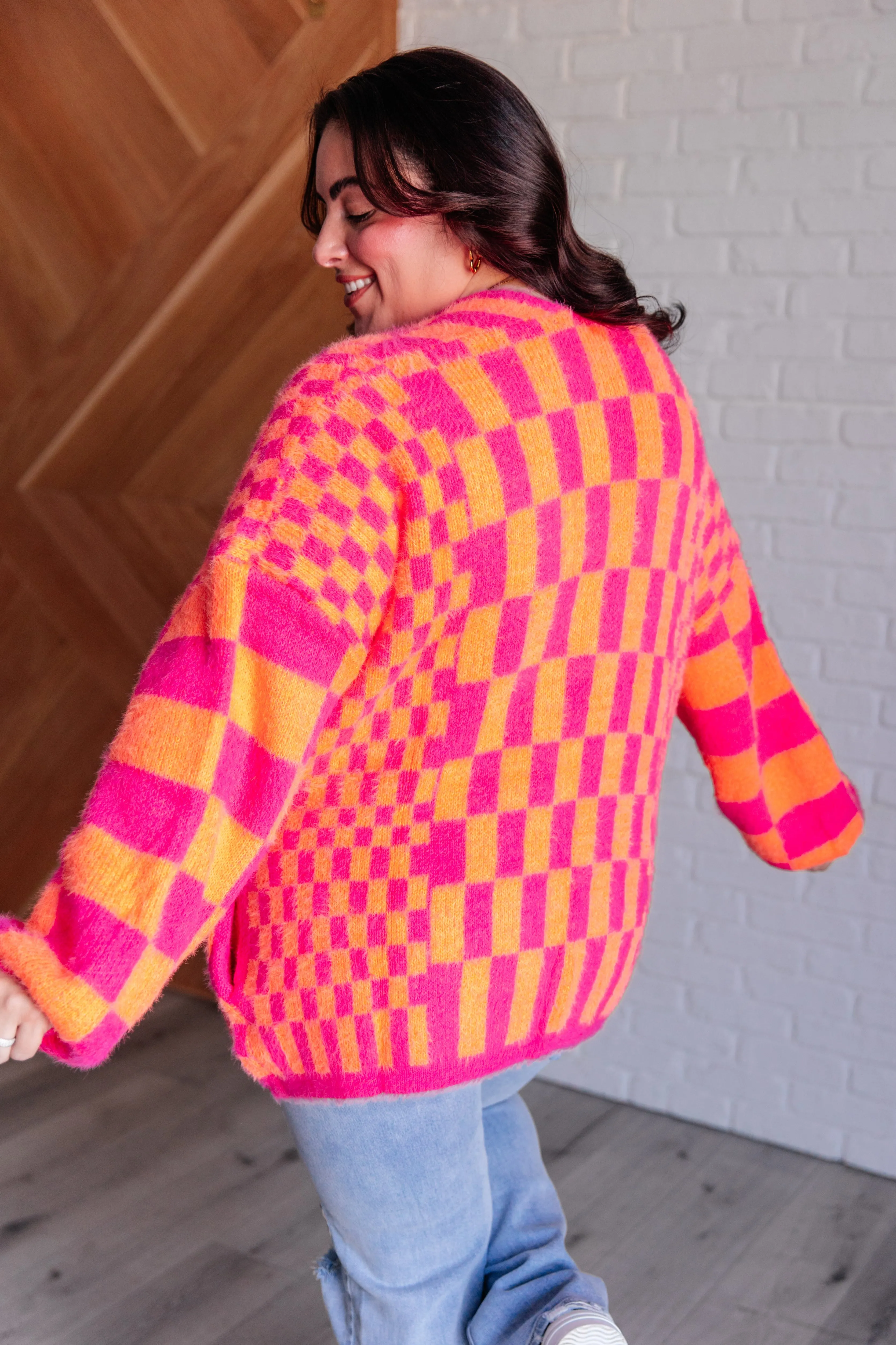 Noticed in Neon Checkered Cardigan in Pink and Orange - 10/21