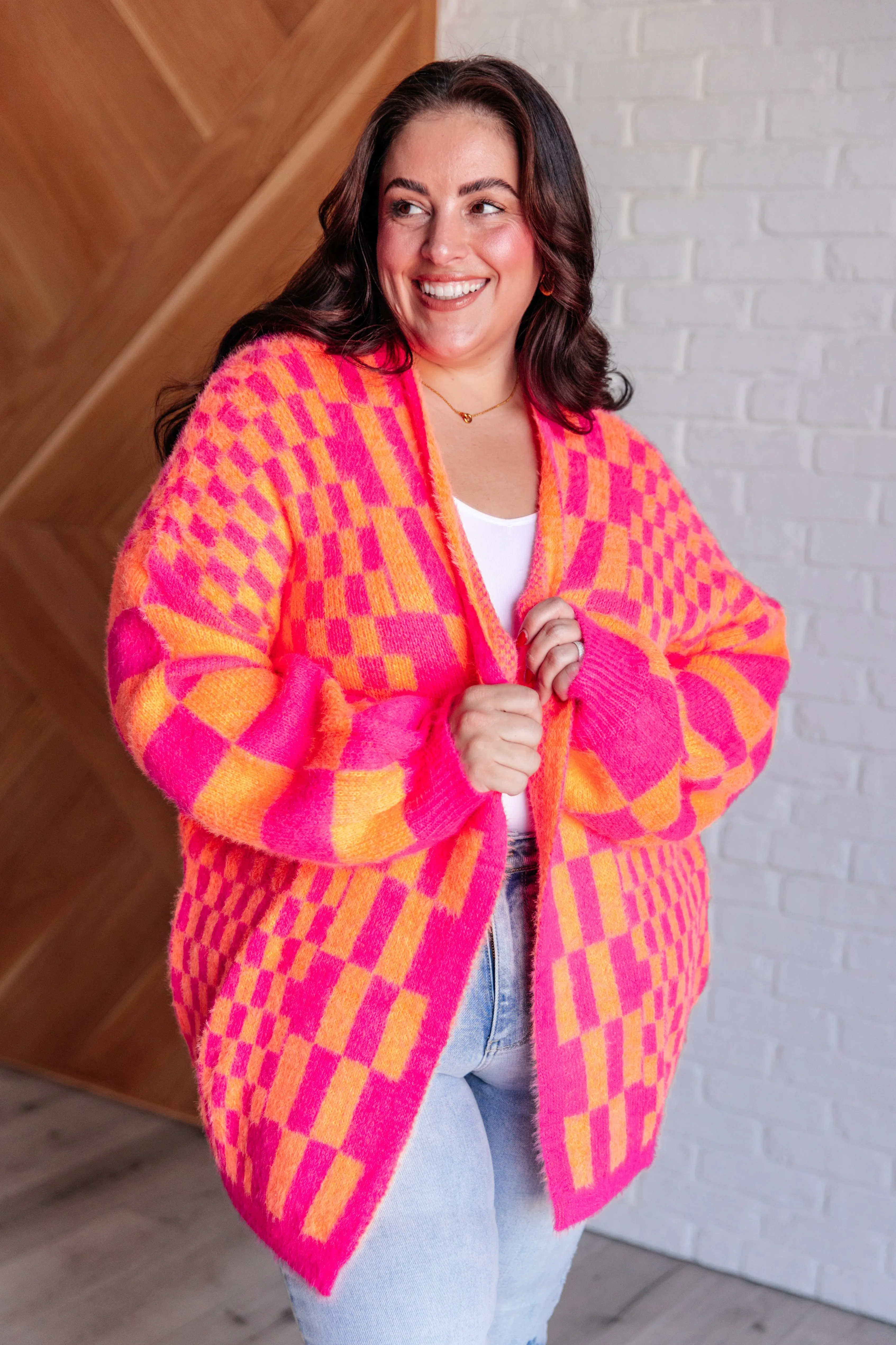 Noticed in Neon Checkered Cardigan in Pink and Orange - 10/21