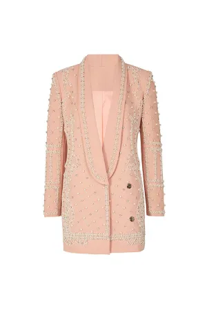 Opulent Rhinestone Beaded Shawl Collar Cinch Waist Long Party Blazer