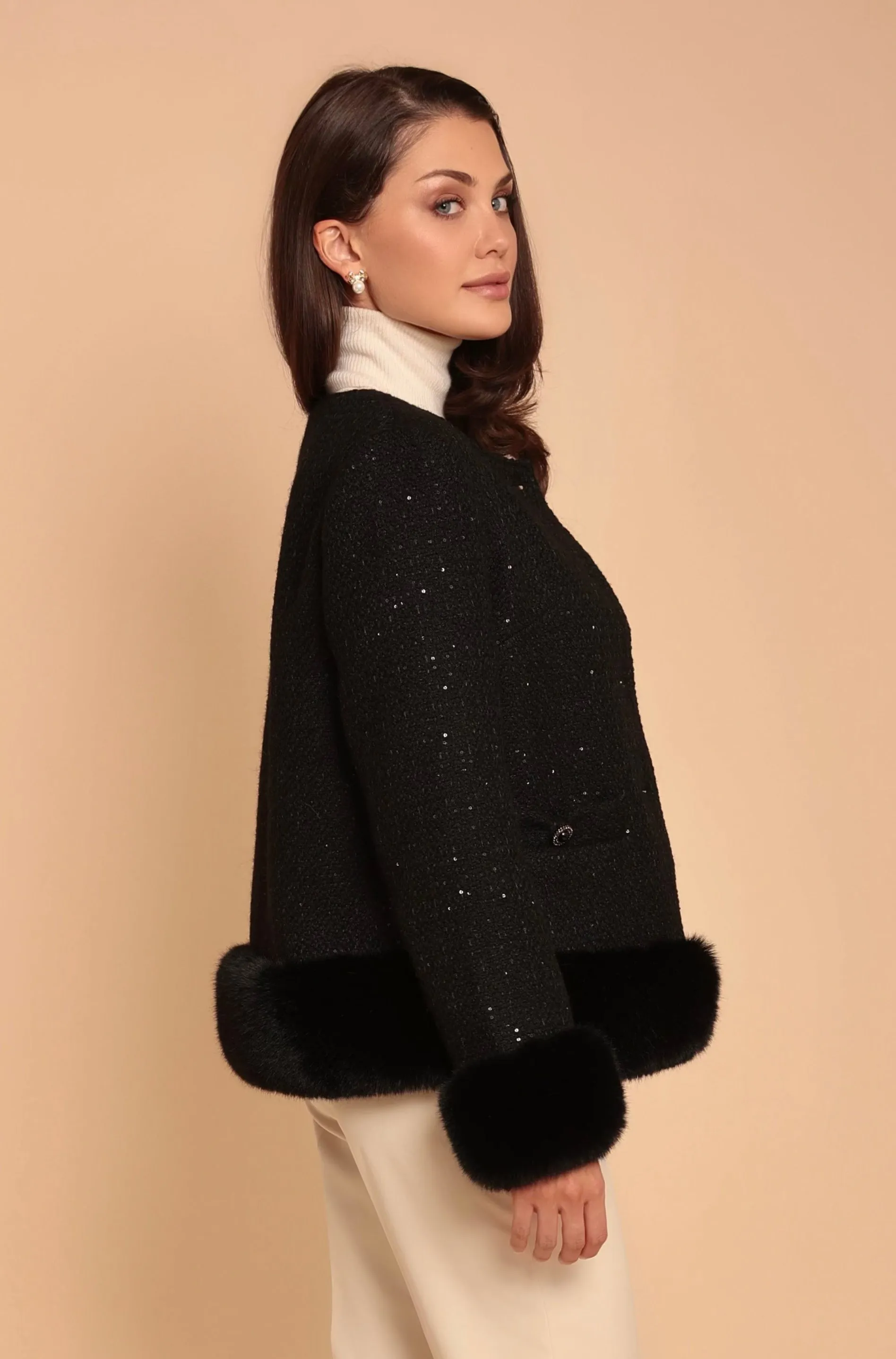 'Parisienne' Wool Tweed Blazer Coat with Faux Fur in Nero