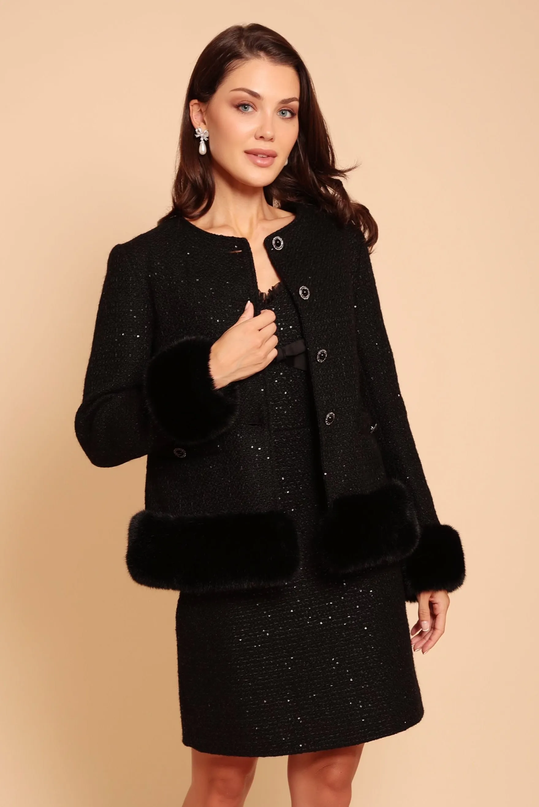 'Parisienne' Wool Tweed Blazer Coat with Faux Fur in Nero