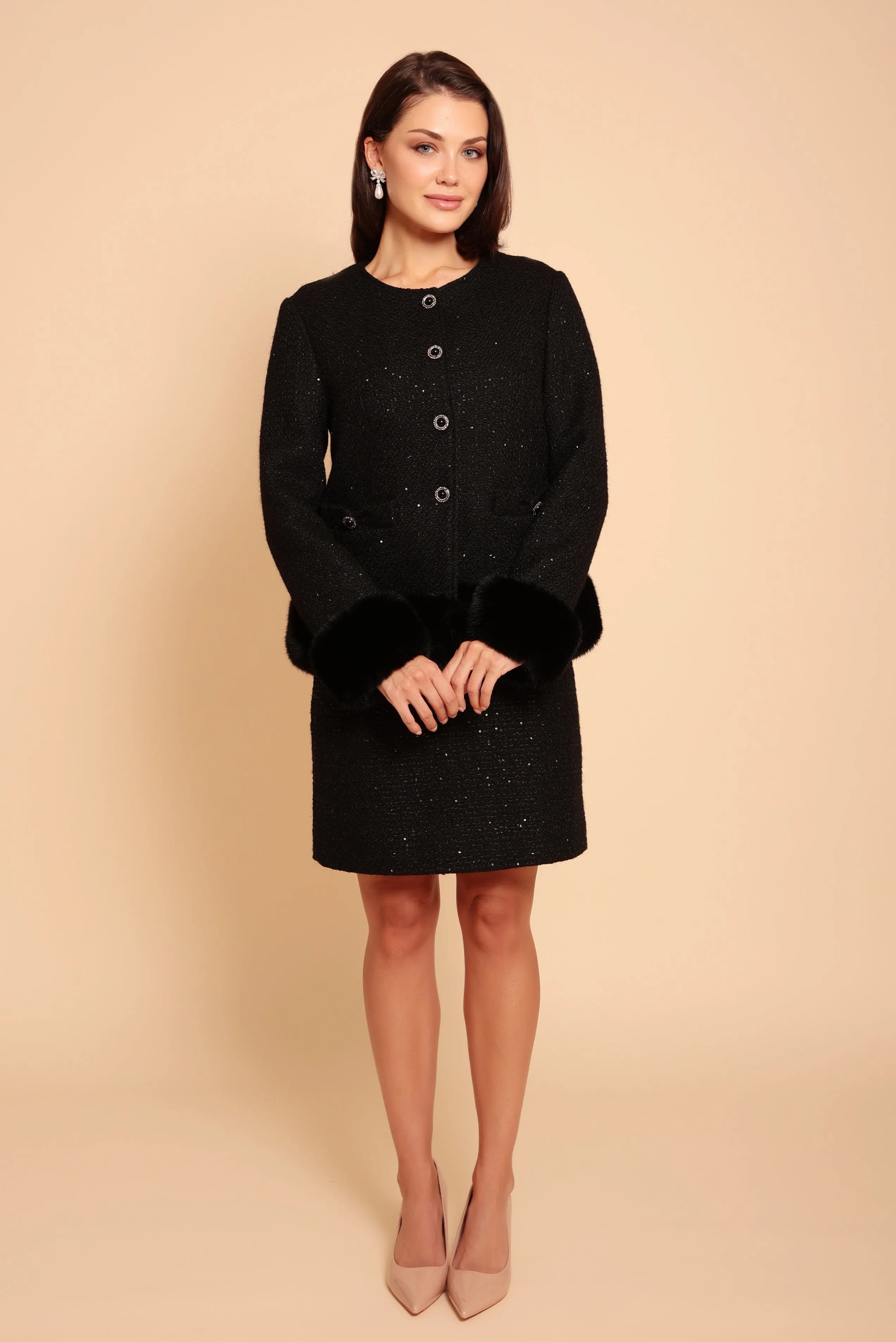 'Parisienne' Wool Tweed Blazer Coat with Faux Fur in Nero