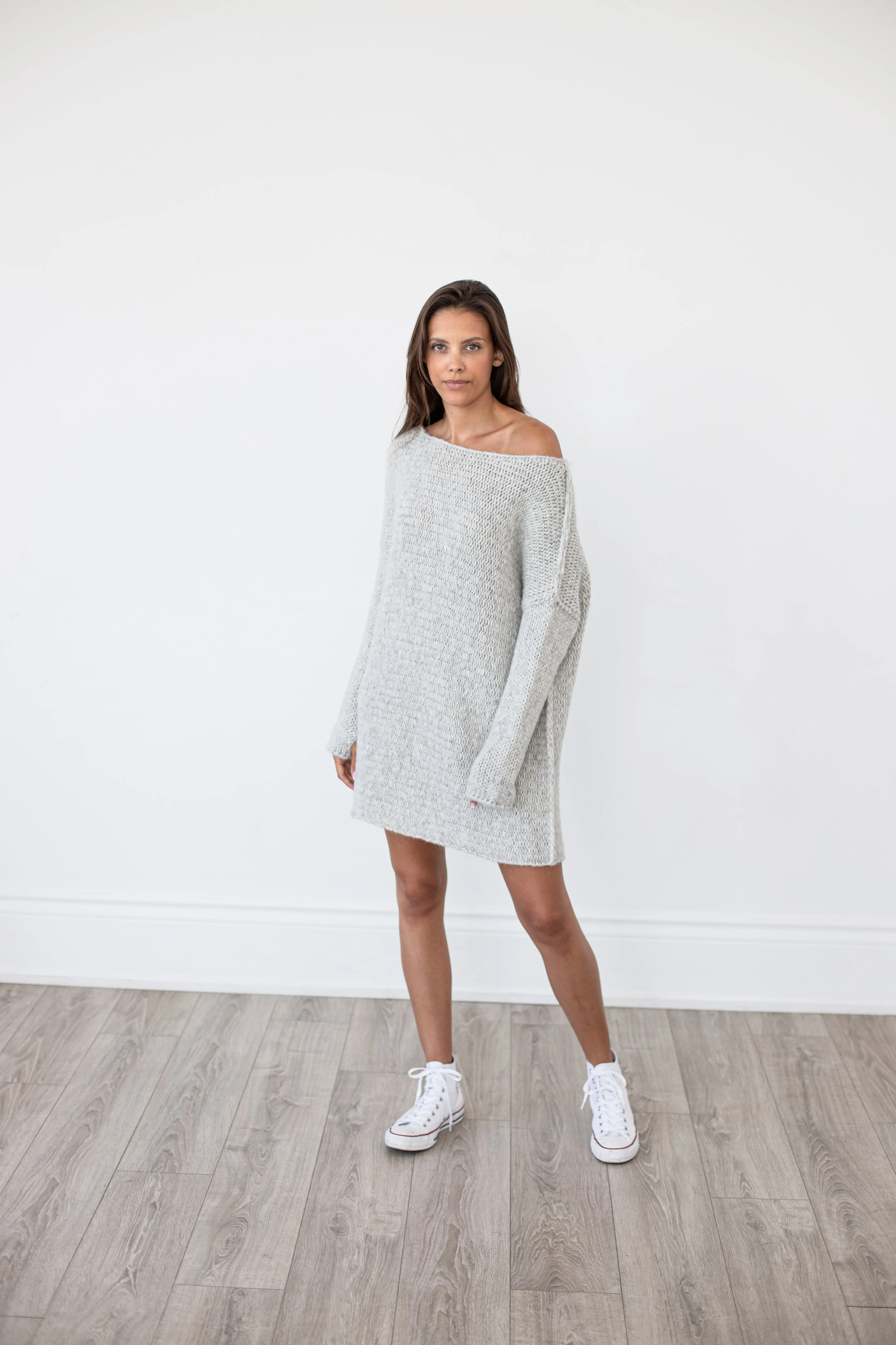 Pearl grey chunky knit alpaca sweater .