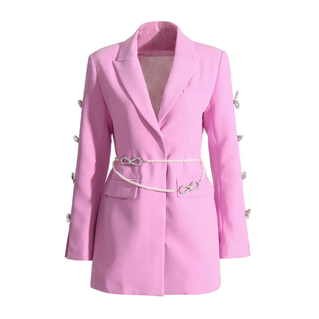 Pearlescent Belt Crystal Bow CutOut Long Sleeve Lapel Collar Long Blazer