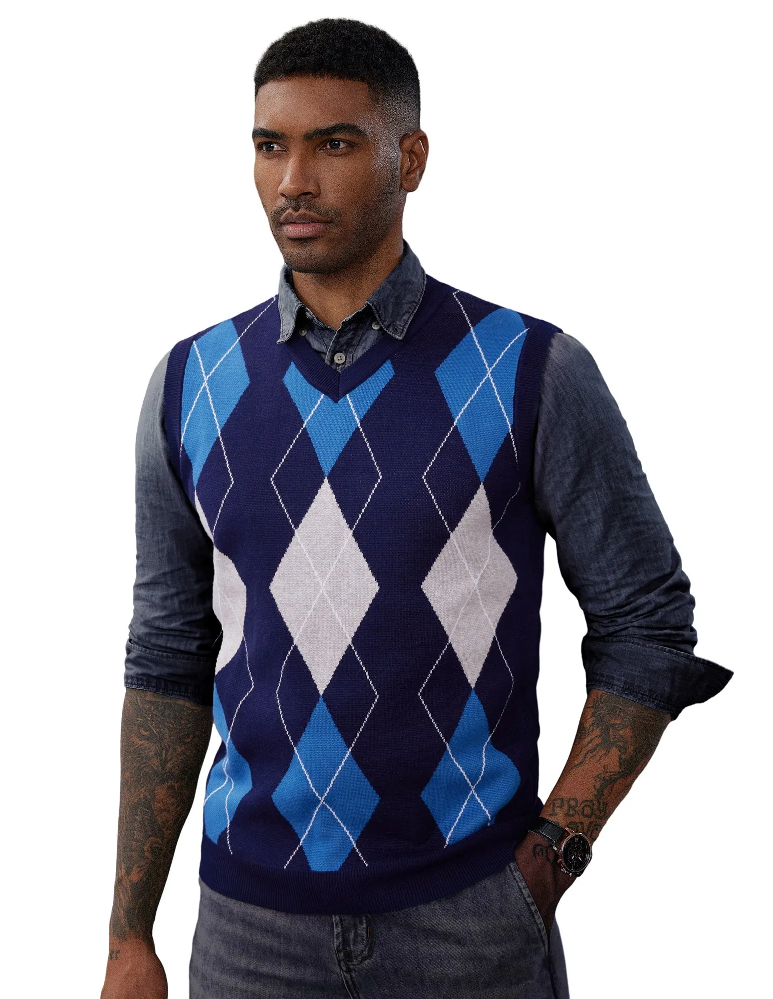 Pj Paul Jones Men's Soft Argyle Sweater Vest Slim Fit V-Neck Knitted Pullover Vest