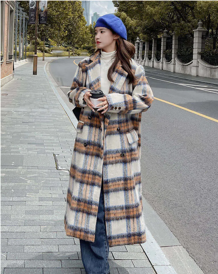 Plaid Maxi Coat with British Wool and Pockets for Women