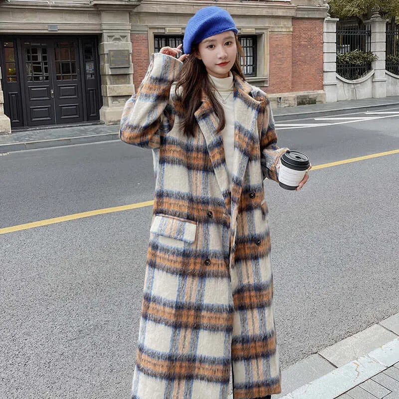 Plaid Maxi Coat with British Wool and Pockets for Women