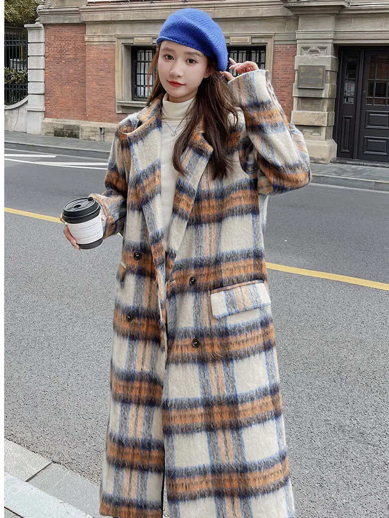 Plaid Maxi Coat with British Wool and Pockets for Women