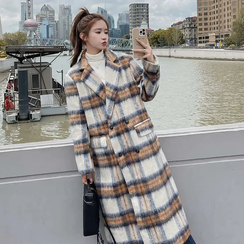 Plaid Maxi Coat with British Wool and Pockets for Women