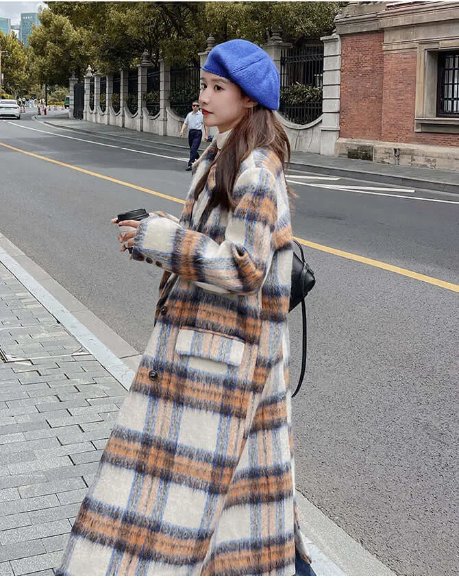 Plaid Maxi Coat with British Wool and Pockets for Women