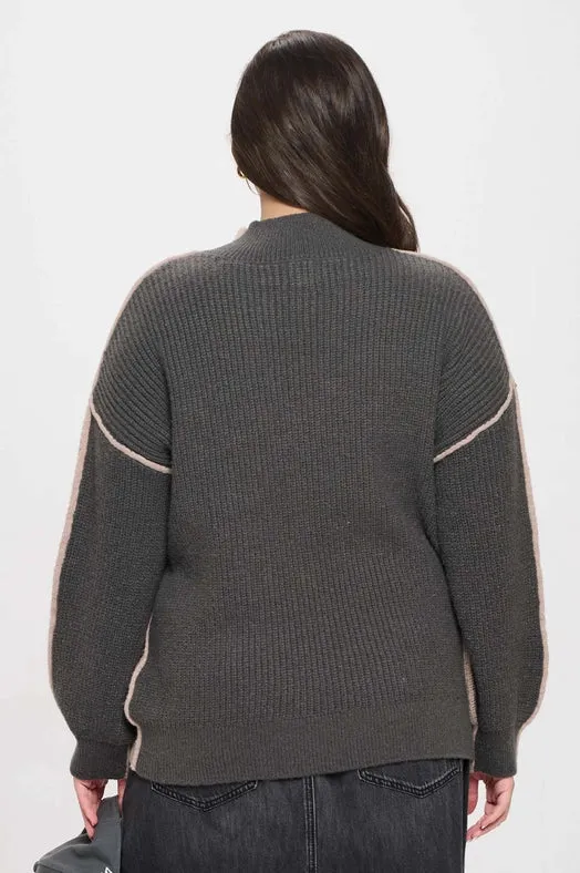 Plus Colorblock Mock Neck Exposed Seam Sweater MOCHA