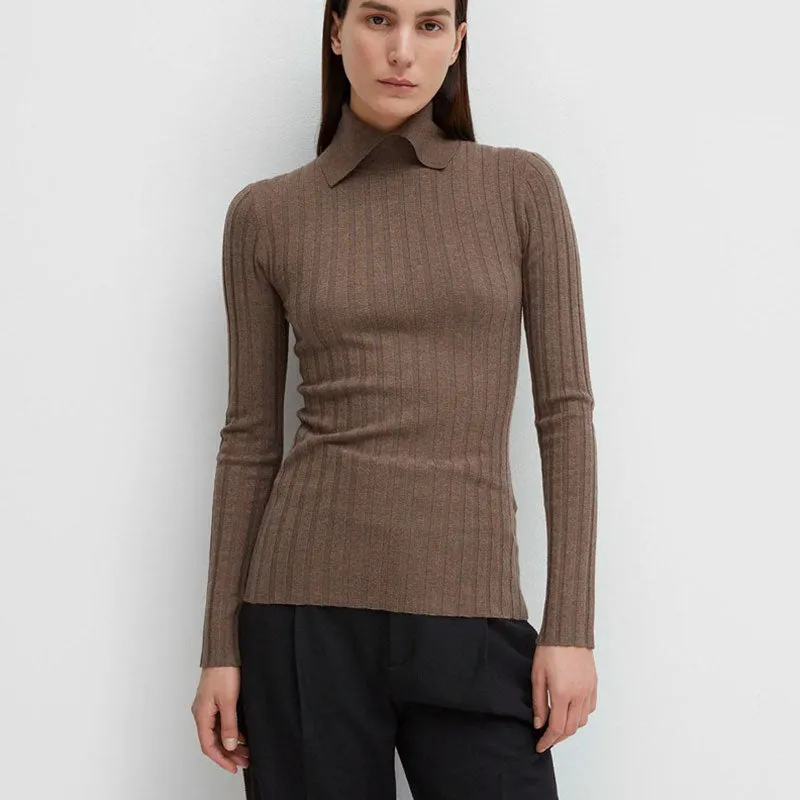 Quiet Luxury Collared Long Sleeve Chunky Ribbed Knit Blend Wool Sweater