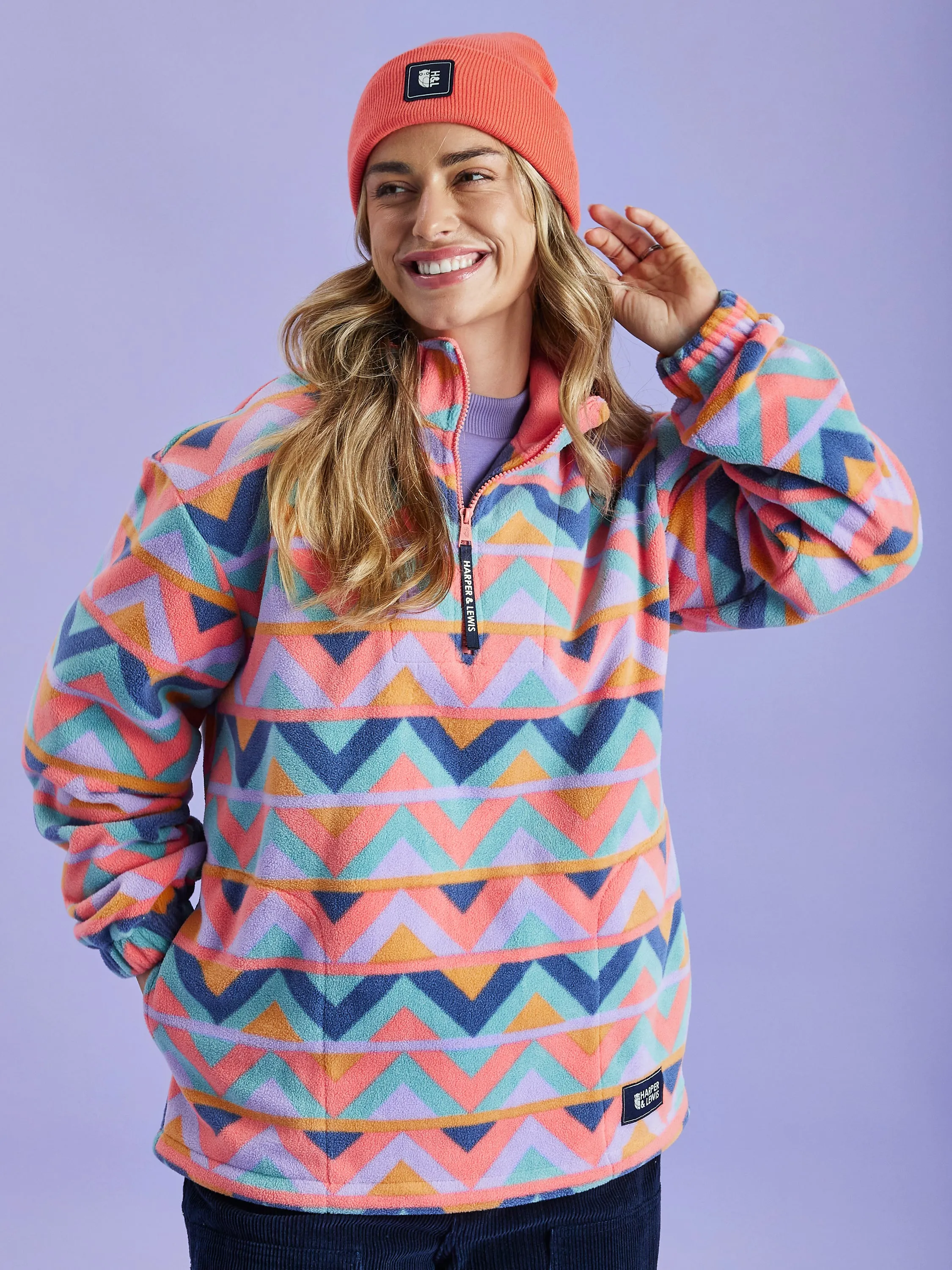 Raver Retro Pattern 1/4 Zip Fleece Coral & Airforce