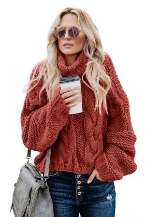 Red Cable Knit Turtleneck Sweater