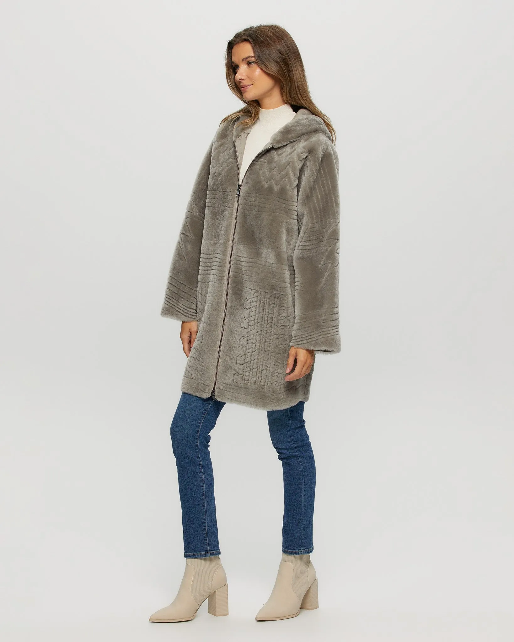 Reversible Select Shearling Lamb Parka with Grooved Pattern