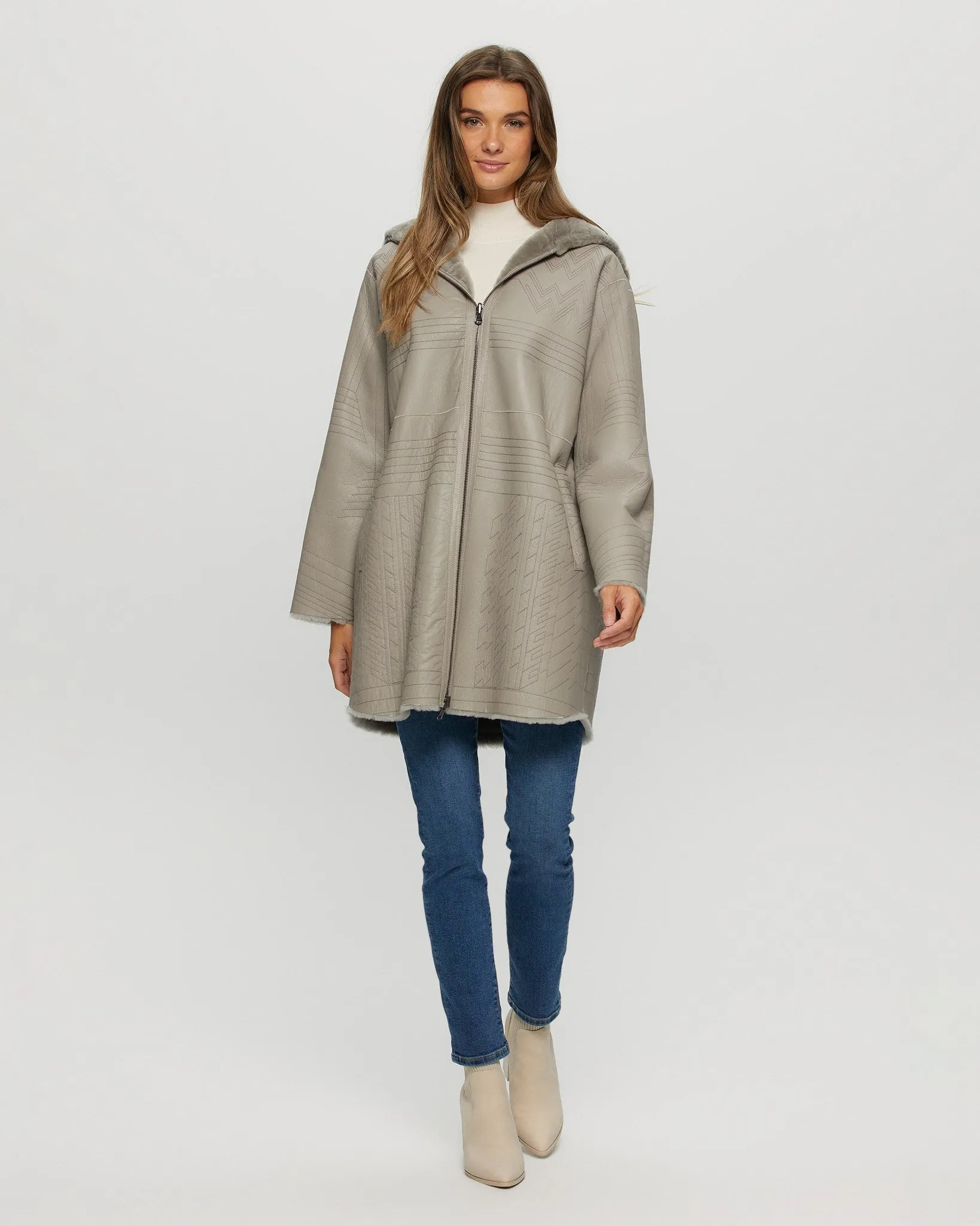 Reversible Select Shearling Lamb Parka with Grooved Pattern